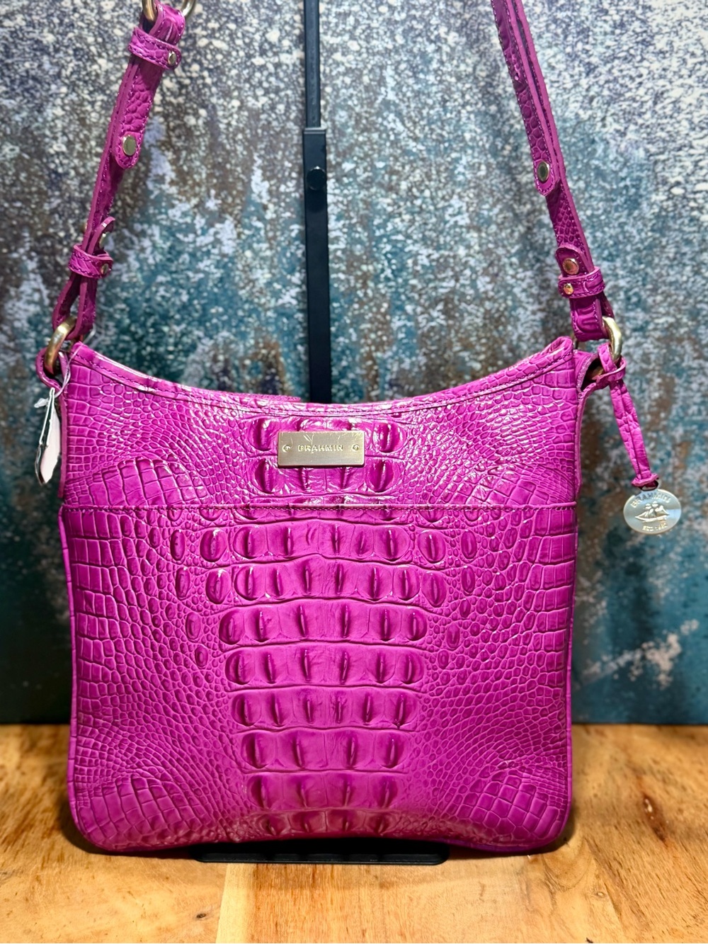 Brahmin Barbiecore Jody Hot Pink Melbourne Croc Leather Crossbody Bag